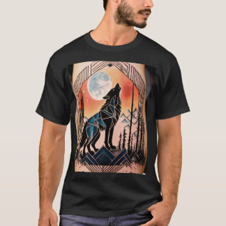 Geometric Howling Wolf Tattoo with Night Landscape T-Shirt