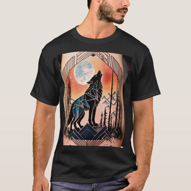 Geometric Howling Wolf Tattoo with Night Landscape T-Shirt (Front)