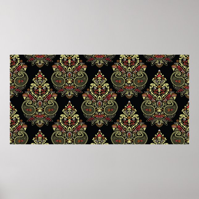 Geometric indianpaisley Design pattern on black ba Poster (Front)