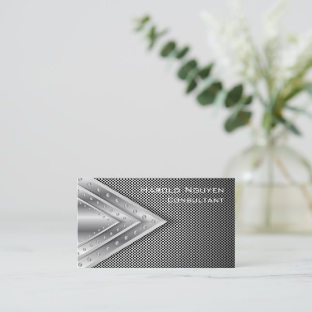 Geometric Industrial Metallic Stainless Steel Business Card (Standing Front)