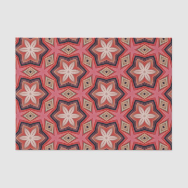 Geometric Kaleidoscopic White Flowers On Red  Tissue Paper (Front)