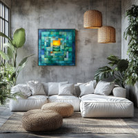 Geometric Landscape Art – Teal and Gold Sunset