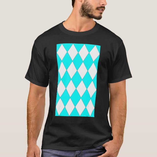 Geometric Large Harlequin Pattern Aqua And White T-Shirt (Front)