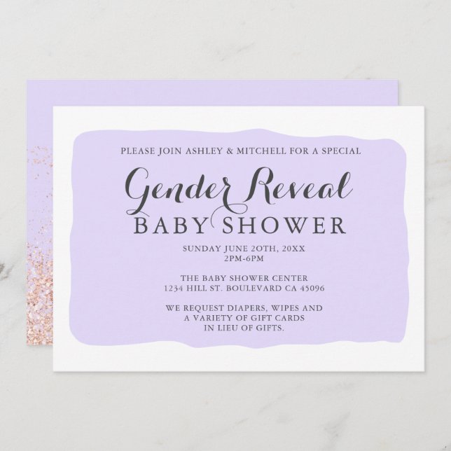 Geometric lavender rose glitter gender reveal baby invitation (Front/Back)