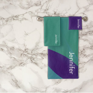Geometric  lavender  turquoise violet with name bath towel set