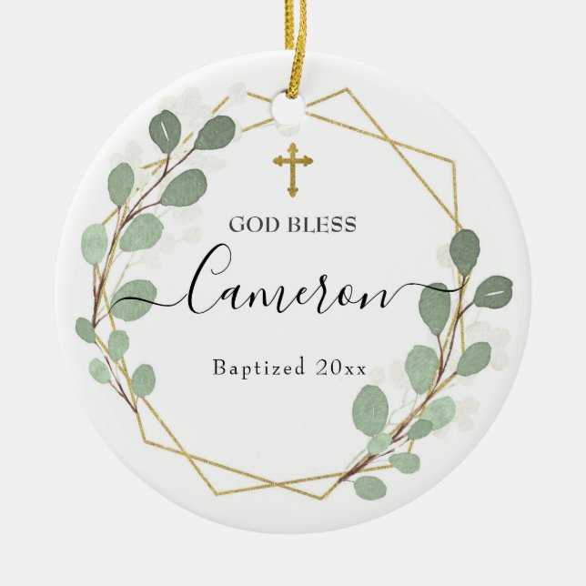 Geometric Leaf Greenery Baptised Ceramic Ceramic Tree Decoration (Front)