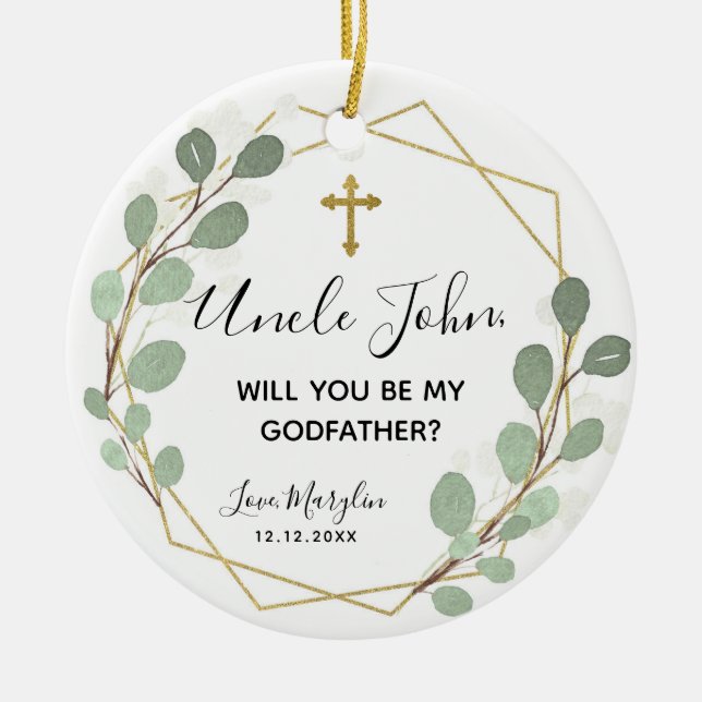 Geometric Leaf Greenery Will you be Godmother Ceramic Tree Decoration (Front)