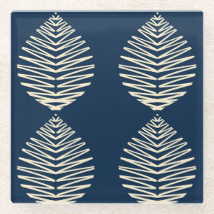 Geometric Leaves   Navy & Beige Glass Coaster