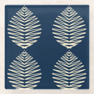 Geometric Leaves | Navy & Beige Glass Coaster