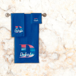 Geometric letter D coral pink monogram dark blue Bath Towel Set