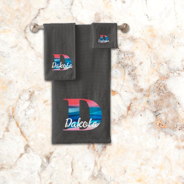 Geometric letter D coral pink monogram dark grey Bath Towel Set (Creator Uploaded)