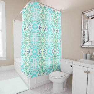 GEOMETRIC LIGHT BLUE & GREEN LEAVES PATTERN SHOWER CURTAIN