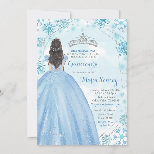 Geometric Line Blue Snowflakes Mexican Mis Quince Invitation (Front)