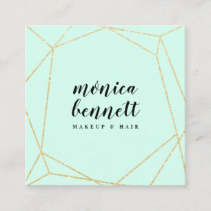 Geometric lineart chic gold glitter mint green square business card