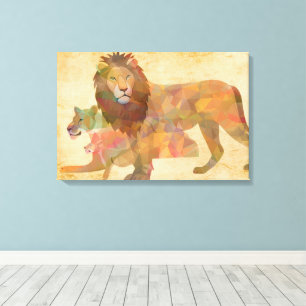 GEOMETRIC LION FAMILY WILDLIFE ART CANVAS PRINT