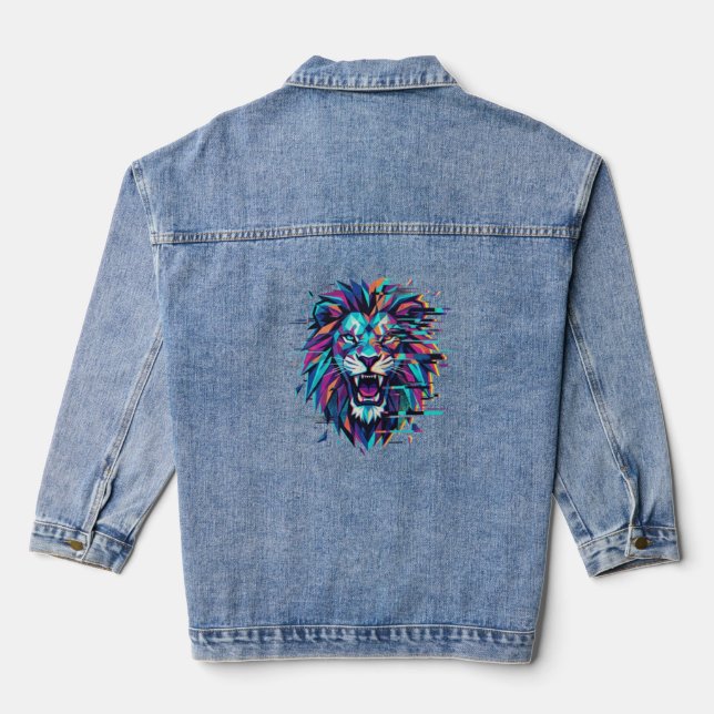Geometric Lion Glitch King Denim Jacket (Back)