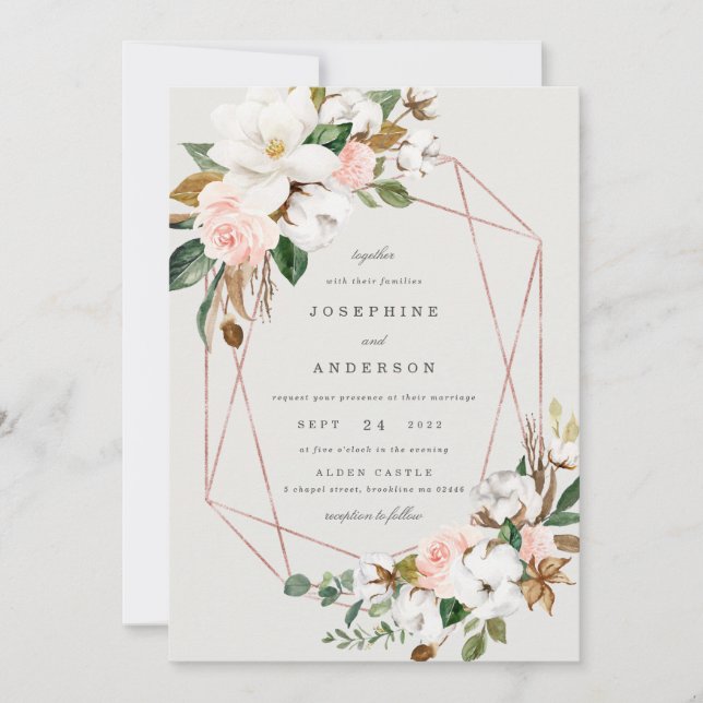 Geometric Magnolia Cotton Wedding Invitation (Front)