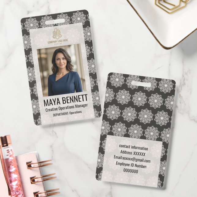 Geometric Mandala Charcoal Cream ID Badge (Office)