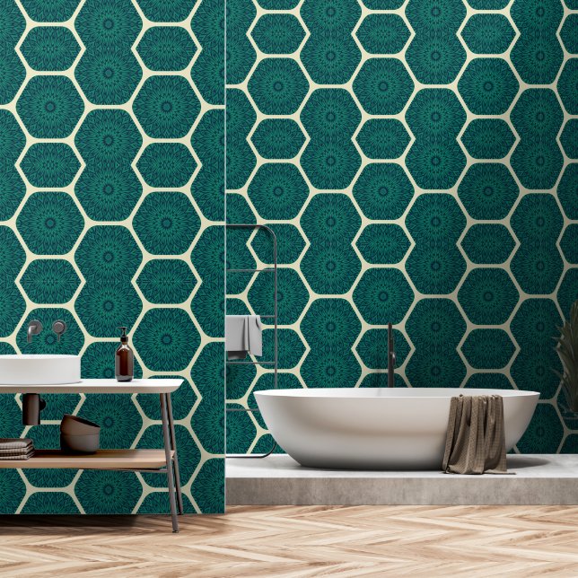 Geometric Mandala Hexagon Pattern – Deep Green & B Wallpaper (Bathroom)