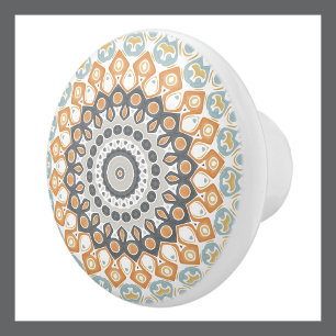 Geometric Mandala in Orange, Grey, and Blue Ceramic Knob