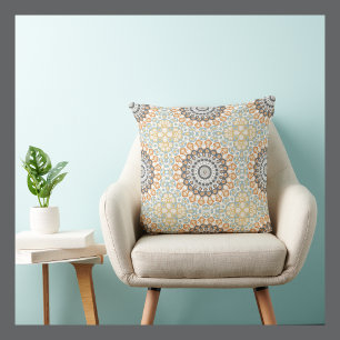 Geometric Mandala in Orange, Grey, and Blue Cushion
