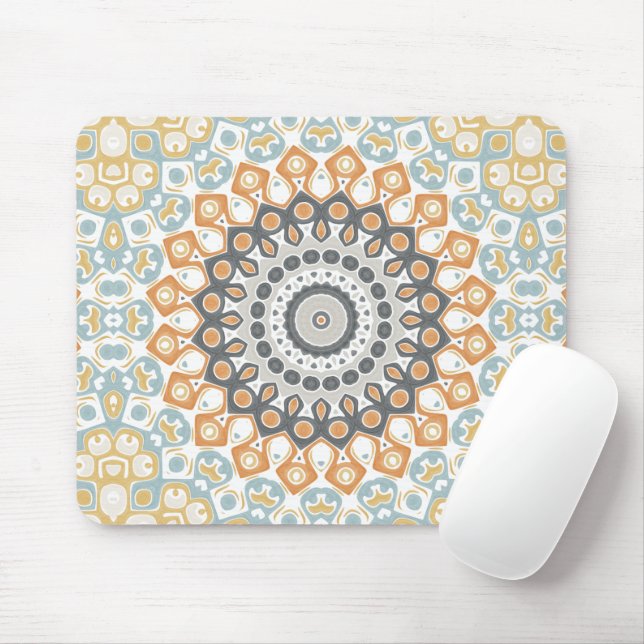 Geometric Mandala in Orange, Grey, and Blue Mouse Mat (With Mouse)