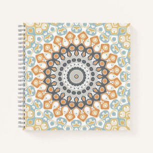 Geometric Mandala in Orange, Grey, and Blue Notebook