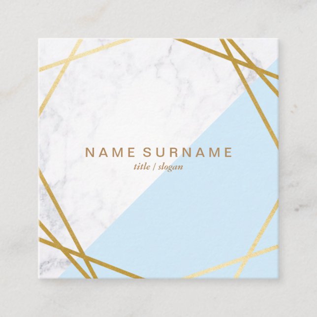 Geometric Marble Gold Blue Square Business Card (Front)