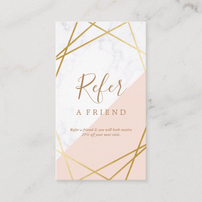 Geometric Marble Gold Light Pink Vertical Referral Business Card (Front)