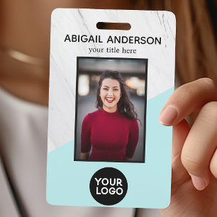 Geometric Marble Modern Blue Photo ID Work ID Badge