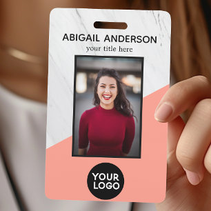 Geometric Marble Modern Coral Photo ID Work Badge