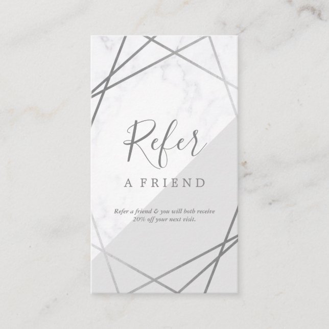 Geometric Marble Silver Grey Vertical Referral Business Card (Front)