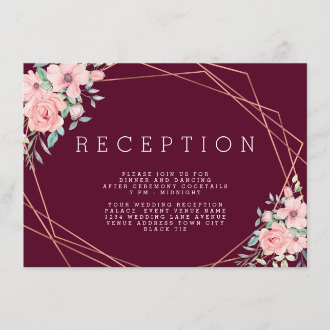 Geometric Marsala Copper Floral Wedding Reception Enclosure Card (Front)