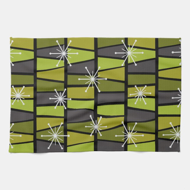 Geometric MCM Abstract Olive Green Tea Towel (Horizontal)