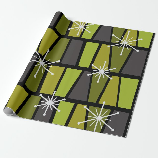 Geometric MCM Abstract Olive Green Wrapping Paper (Unrolled)