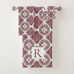 Geometric Mediterranean purple mint pattern Bath Towel Set