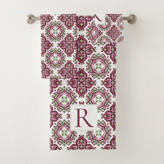 Geometric Mediterranean purple mint pattern Bath Towel Set (Insitu)