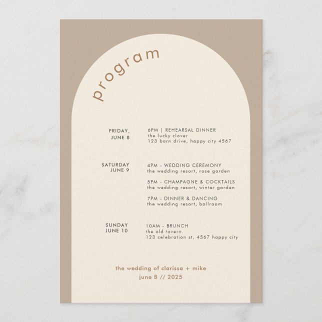 Geometric Minimal Sand Arch Wedding Timeline Programme (Front)