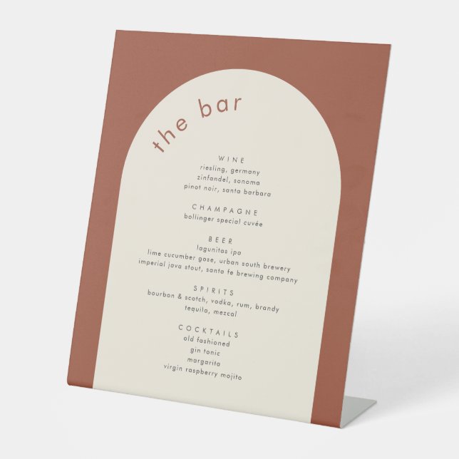 Geometric Minimal Terracotta Arch Wedding Bar Pedestal Sign (Front)