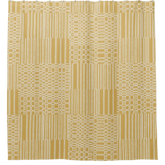 Geometric Mod Squares and Bars Mustard Yellow Grey Shower Curtain (Front)