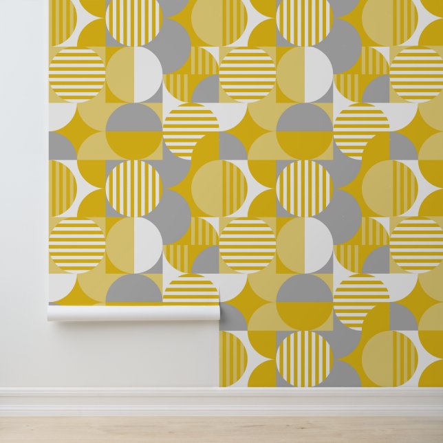 Geometric Modern Bauhaus Style, Yellow and Grey Wallpaper (Application)