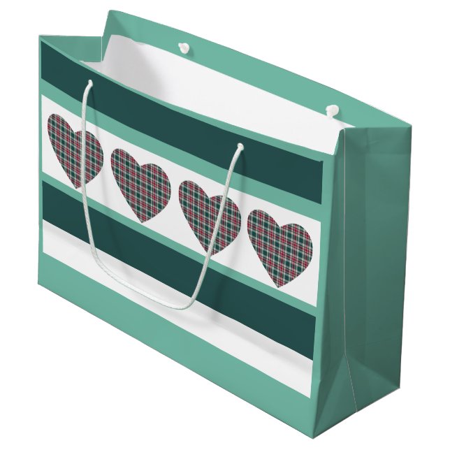 Geometric Modern Christmas Tartan Hearts Large Gift Bag (Front Angled)