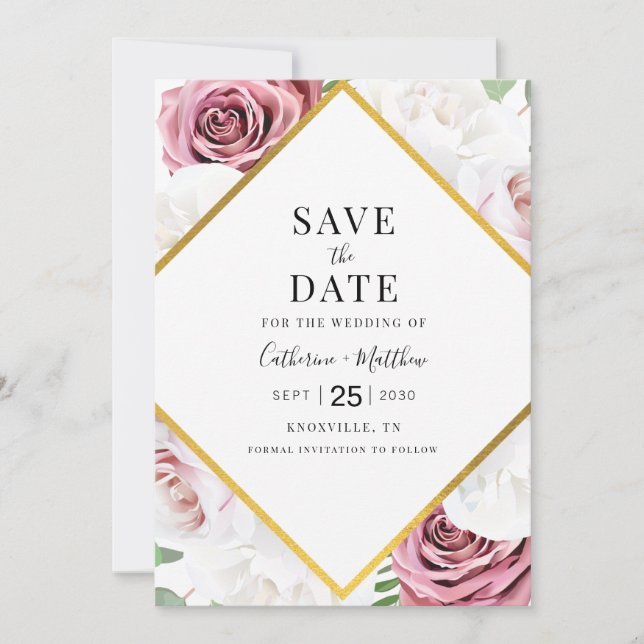Geometric Modern Floral Blush Pink Typography Save The Date (Front)