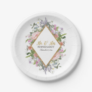 Geometric Modern Floral Bridal Shower Rose Gold Paper Plate