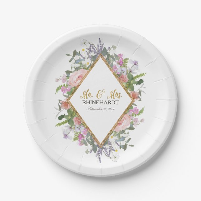 Geometric Modern Floral Bridal Shower Rose Gold Paper Plate (Front)