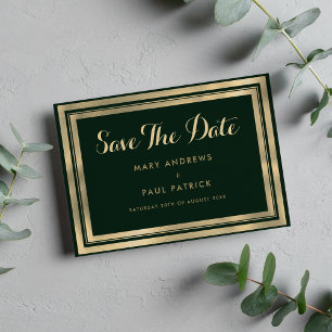 Geometric modern forest green gold Save The Date