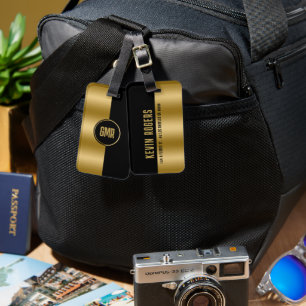 Geometric Modern Gold & Black Stripe Monogram 2 Luggage Tag