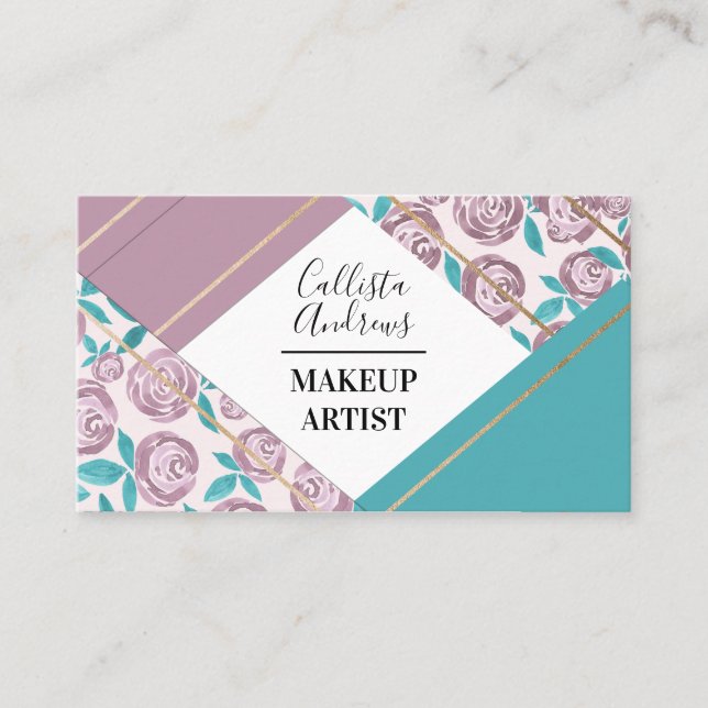 Geometric Modern Gold Dusty Pink Flower Watercolor Business Card (Front)