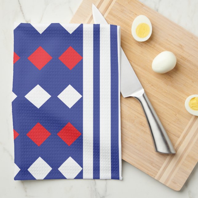 Geometric Modern White Red Diamond Stripe Tea Towel (Quarter Fold)