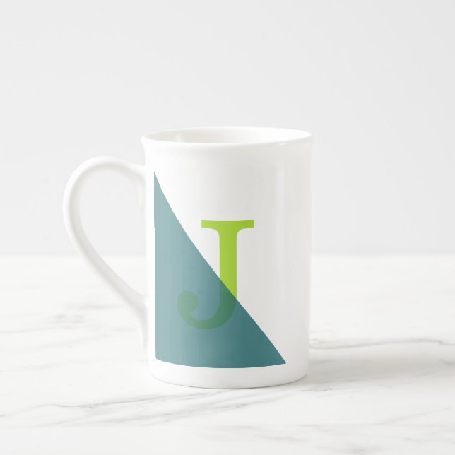 Geometric Monogram Teal Green Bone China Mug (Left)